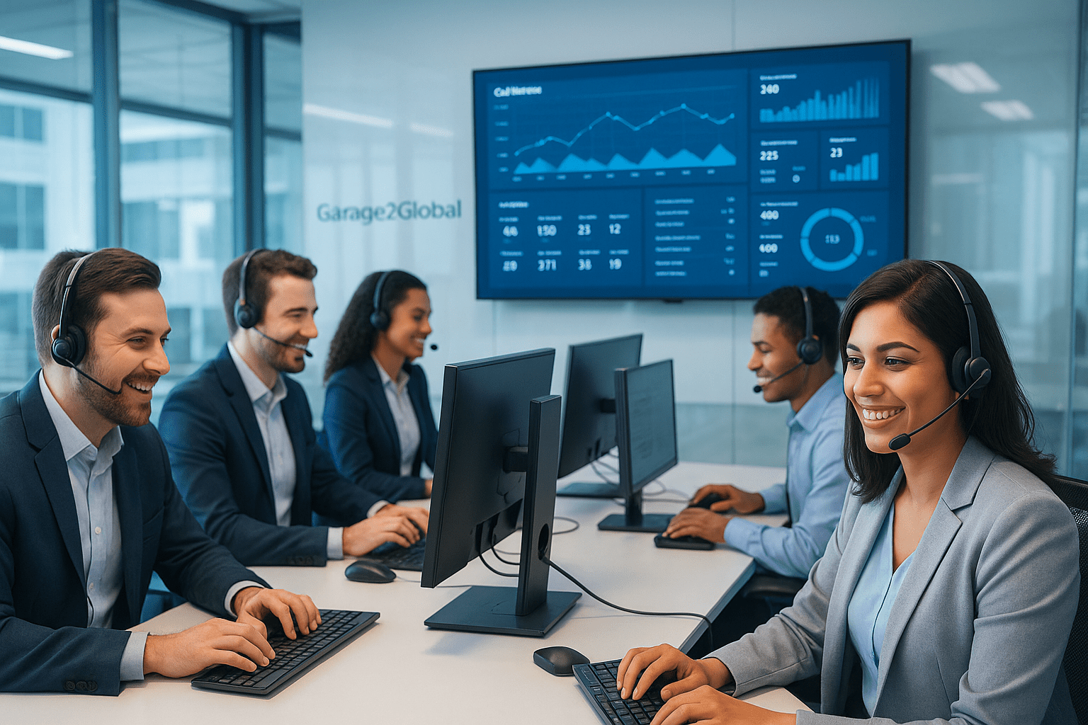 a group of people working at computers